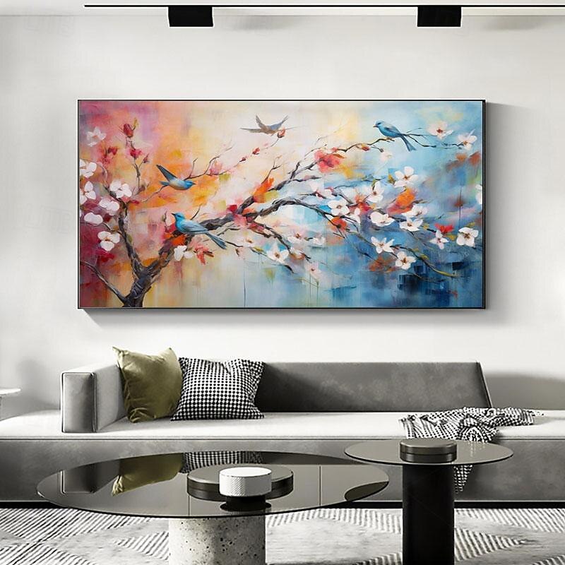 Hand Painted Colorful Oil Painting On Canvas Large Wall Art Abstract Blossom Flowers Art Birds Painting Custom Painting Living Room Decor Frameless