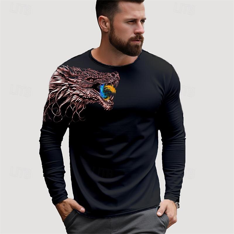 Men's Dragon T Shirt Long Sleeve T shirt 3D Print Crew Neck Shirt Fashion Designer Casual Sports Outdoor Holiday Going out Brown Gray Spring &  Fall Clothing Apparel S M L XL 2XL 3XL3