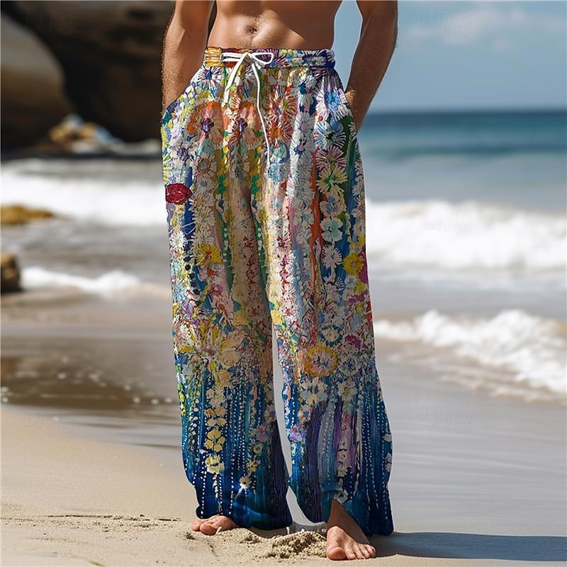 Men's Hawaiian Floral Pants 3D Print Straight Leg Trousers Mid Waist Drawstring Elastic Waist Outdoor Street Holiday Summer Spring Fall Relaxed Fit Micro-elastic