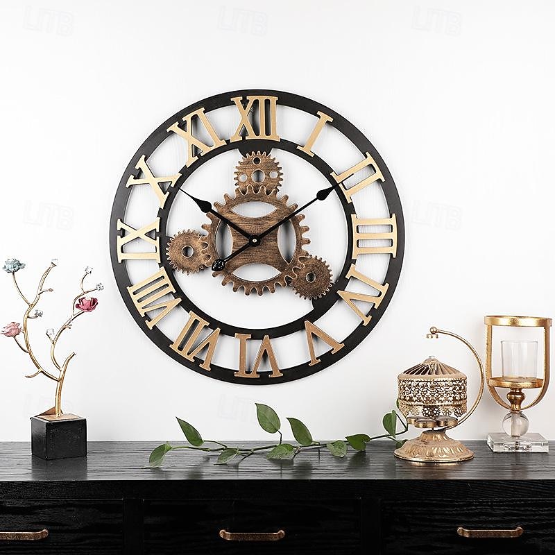 Wooden European Retro Wall Clock Gold Roman Gear Clock Decorative Luxury Classic Quartz Clock Modern Design For Home decor Wall Clocks 58 cm3