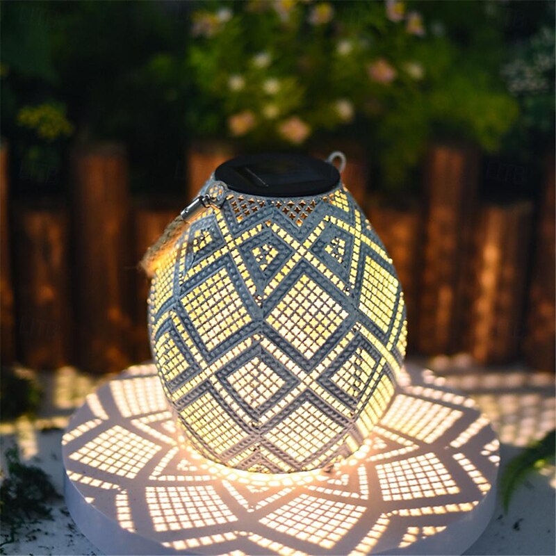 Solar Outdoor Lamp Hollow Lantern Waterproof Hemp Rope Iron Art Lamp Imitation Cloth Pattern Courtyard Lamp for Scene Decor, Festivals Decor3