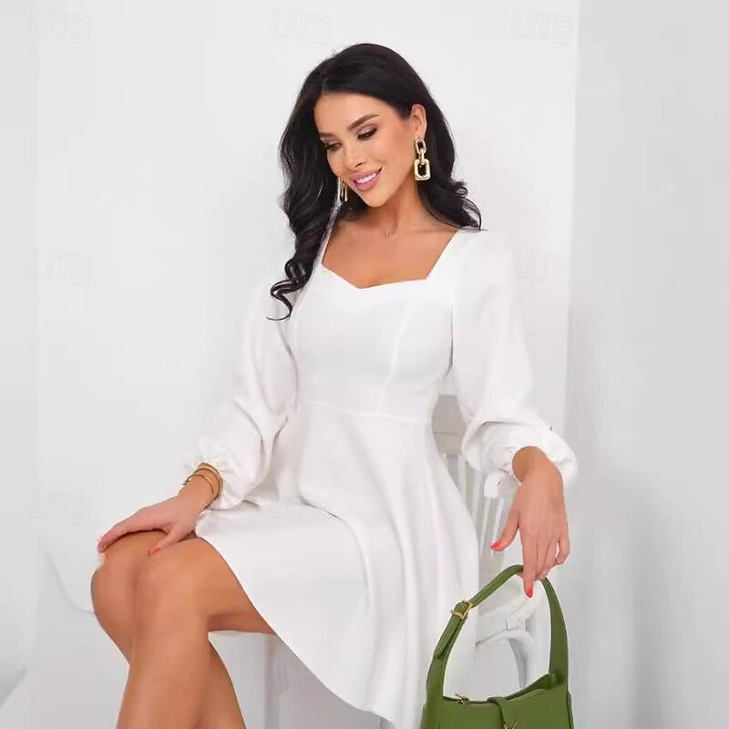 Vintage 1950s Mini Dress Little White Dress Bridal Bishop Sleeves Solid Colored A-Line V Neck Fancy Dress Women's Masquerade Wedding Bridal Shower Bachelorette Party Adults' Dress Homecoming Dresses