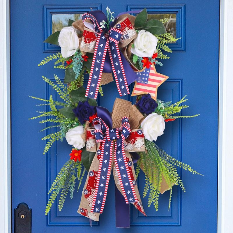 Patriotic 4th of July Wreath for Front Door Independence Day USA Flag Red White Blue Door Outdoor Decoration Rustic Farmhouse Mesh Porch Decoration