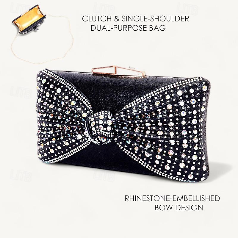 Women's Rhinestone Embellished Mules with Matching Clutch Bag – Elegant Black High Heel Shoes and Bow Detail for Weddings and Special Occasions4