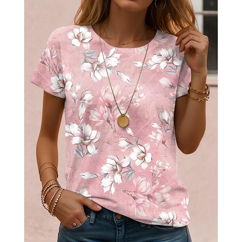 Women's T Shirt Floral Casual Short Sleeve Round Neck Regular Tops Daily Print White Yellow Pink Purple Green Summer