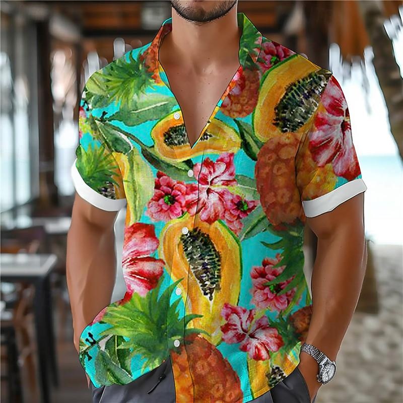 Men's Floral Pineapple Tropical Shirt Summer Hawaiian Shirt Aloha Shirt Short Sleeve Shirt Turndown Vacation Hawaiian Resort Style Outdoor Vacation Beach Yellow Royal Blue Blue S M L