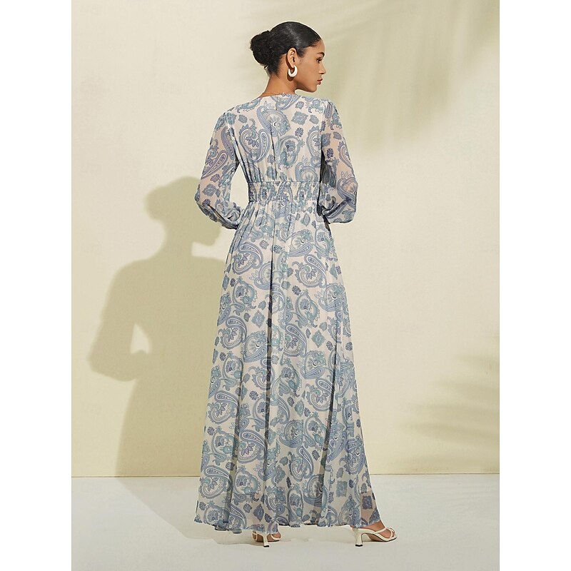 Women's Bridal Shower Dress Summer Dress Print Dress Long Dress Maxi Dress Blue Long Sleeve Curve Floral Botanical Tropical Flowers Floral Style Print Spring & Summer V Neck Beach Vacation Date S M L2