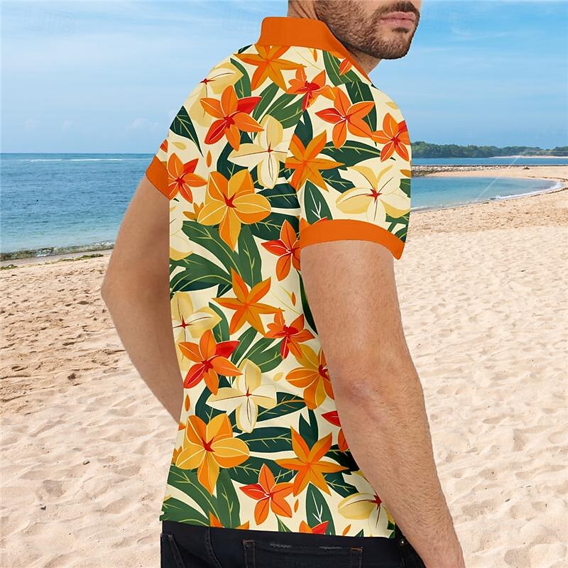 Kentucky Derby Men's Floral Hawaiian Polo Shirts Golf Shirt Short Sleeve Polo Shirts Collared Shirts Casual Beach Wear Vacation Wear Tropical Wear Party Outfits Buttons 3D Print Summer Purple Orange2