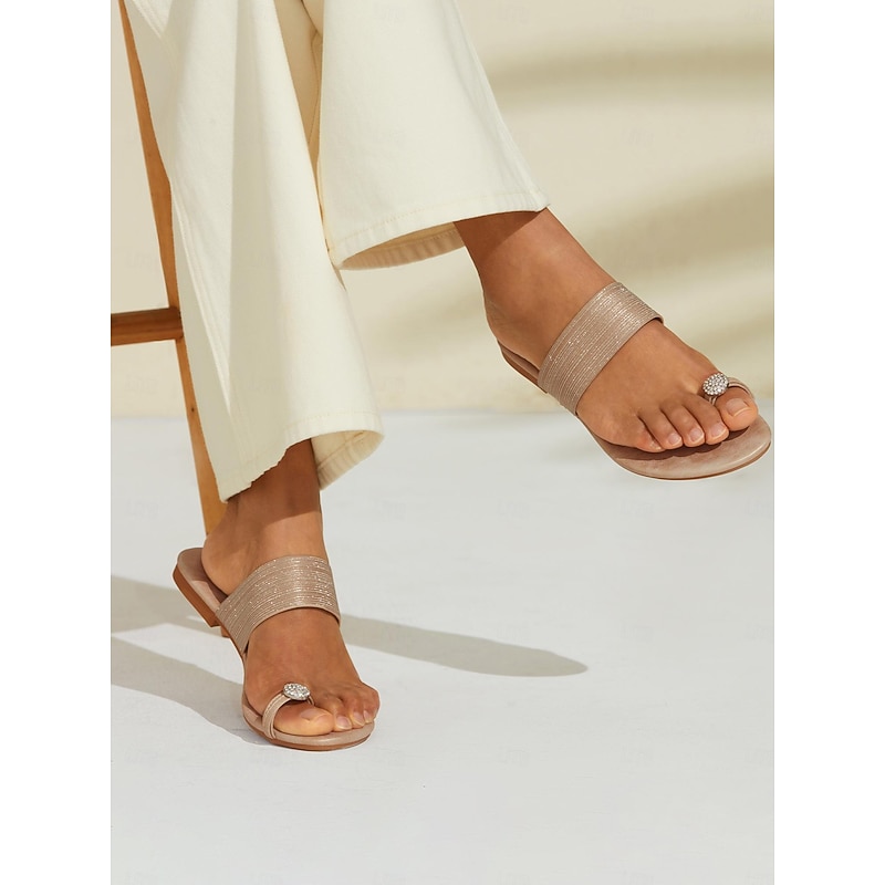 Women's Flat Heel Champagne Slip-On Sandals with Rhinestone Embellishments | Luxurious Boho Beach Wedding Guest Footwear3