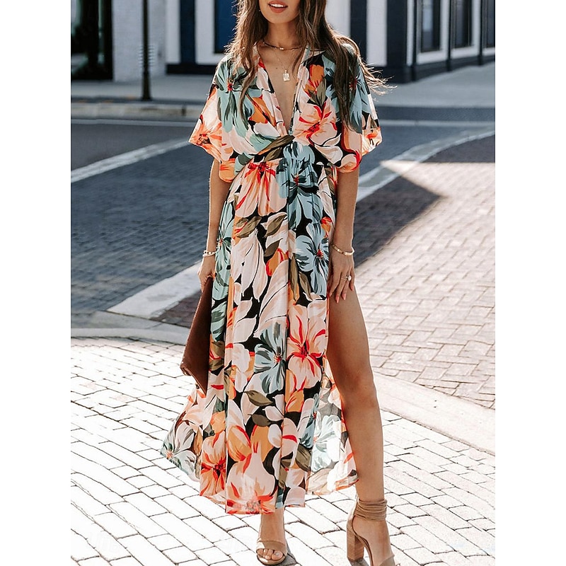 Women's Casual Dress Floral Split Print V Neck Long Dress Maxi Dress Vacation Short Sleeve Summer