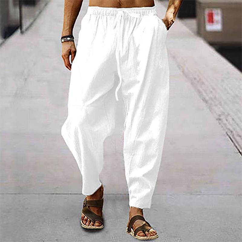 Men's Linen Pants Trousers Summer Pants Harem Pants Pocket Drawstring Elastic Waist Plain Comfort Breathable Full Length Outdoor Daily Holiday Fashion Classic Style Black White