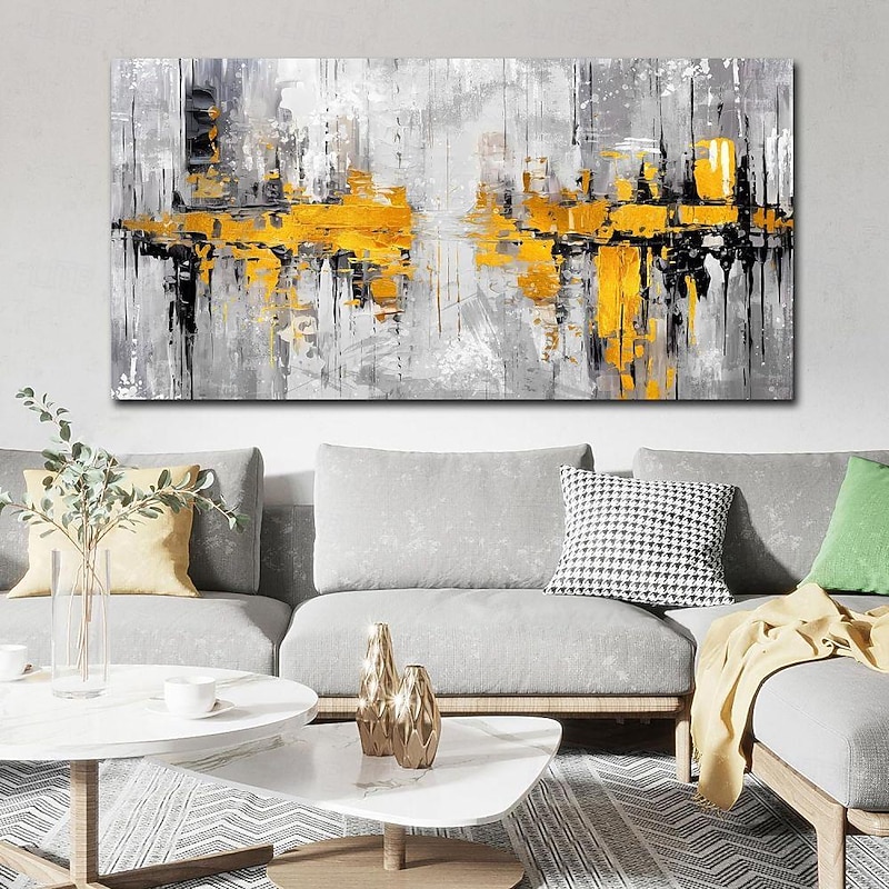 Handmade Oil Paintings Canvas Wall Art Decoration Modern Abstract Black White and Yellow for Home Hand-painted Decor Rolled Frameless Unstretched Painting3