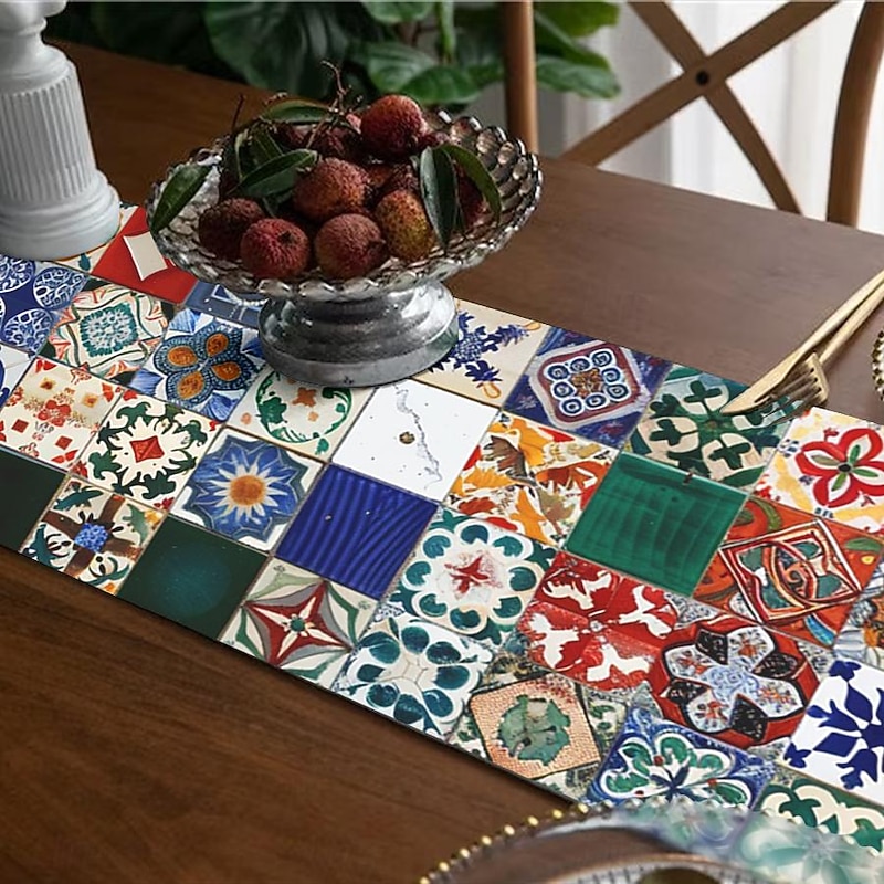 Boho Tile Splicing Print Country Style Table Runner, Kitchen Dining Table Decor, Print Decor Table Runners for Indoor Outdoor Home Farmhouse Holiday Wedding Birthday Party Decoration2
