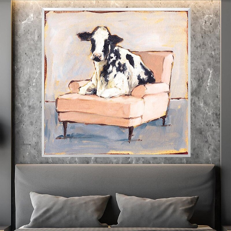 Handmade A cow sitting on a sofa painting  handmade Abstract Cow Oil Painting Unique Artwork Vibrant Animal Canvas painting Wall Art Cow painting for living room bedroom wall home decor4
