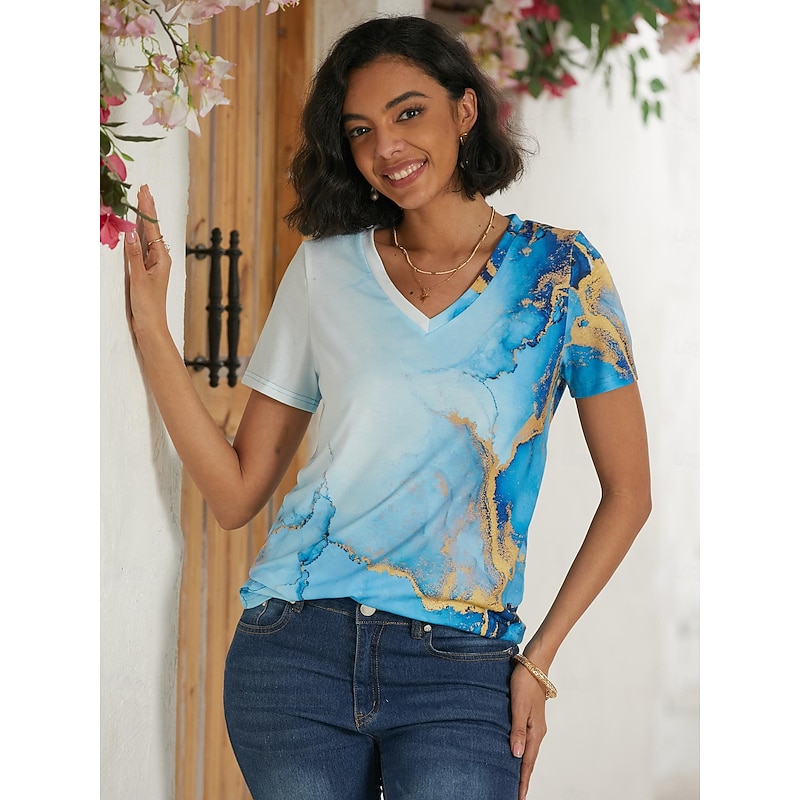 Women's T Shirt Basic Neon & Bright Abstract Print Short Sleeve Regular Tops V Neck Daily Weekend Yellow Blue Gold Light Blue3