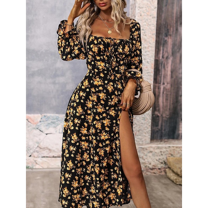 Women's Maxi Dress Casual Dress Swing Dress A Line Dress Summer Dress Streetwear A Line Vacation Street Holiday Regular Fit Floral Long Sleeve Square Neck White Blue Purple Gold Summer4