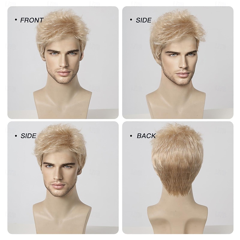 Short Mens Wig Fluffy Hair Blonde Wig for Men Natural Looking Synthetic Hair Full Wig for Male Daily Cosplay Costume Use4