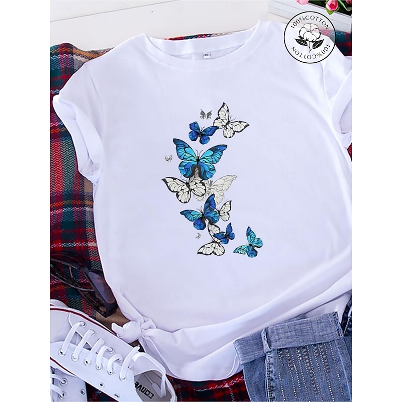 Women's T Shirt Butterfly Basic Short Sleeve T-shirt Sleeve Round Neck Regular Tops Home Daily Date Print Basic Black White Dark Pink Blue Summer