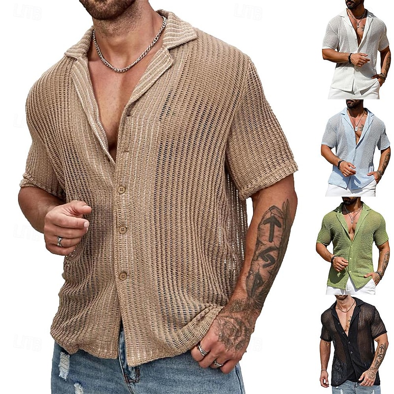 Men's Shirt Summer Shirt Button Up Shirt Black White Light Green Sky Blue khaki Short Sleeves Solid / Plain Color Open Front Daily Wear Hole Clothing Apparel Tropical