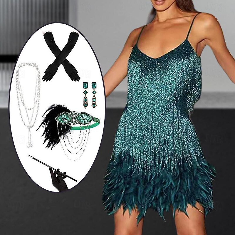 Roaring 20s 1920s Flapper Dress Dress Flapper Headband The Great Gatsby Wedding Guest Tassel Fringe Feather Tassel Feathers Fancy Dress Women's Halloween Masquerade Wedding Wedding Guest Party