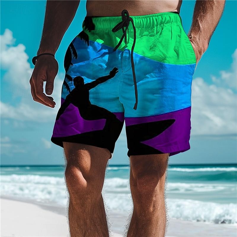 Men's Color Block Swim Trunks Swim Shorts Board Shorts Mid Waist Vacation Hawaiian Holiday Vacation Holiday Beach Drawstring with Mesh lining Elastic Waist Designer Clothing Apparel4