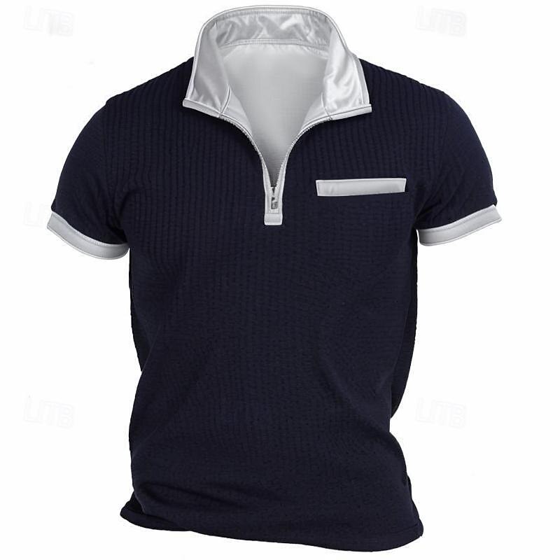 Men's T Shirt Waffle Knit Tee Quarter Zip Tee Tee Top Short Sleeves Quarter Zip Summer Plain Vintage Designer Basic Pocket Vacation Street Going out Navy Blue Dark Gray Khaki Top Tee for Men3