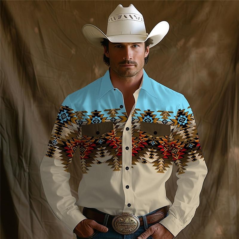 Men's Aztec Tribal Ethic / African Western Shirt Cowboy Shirt Long Sleeve Vintage Western Style Tribal Outdoor Vacation Horse Race Spring & Summer Turndown Print Button-Down Yellow Orange Khaki Light