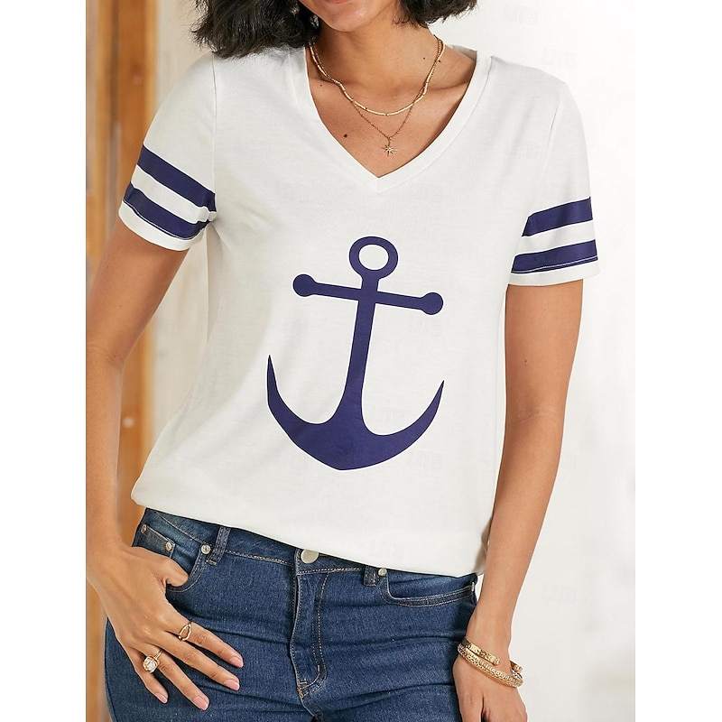 Women's T Shirt Burgundy Tee Basic Anchor Print Short Sleeve Regular Tops V Neck Daily Weekend White Blue2