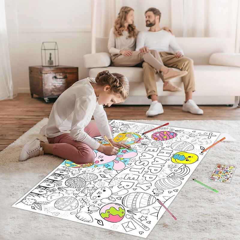 Easter Coloring Tablecloth, Coloring Table Runner with 12 Paintbrushes Easter Bunny Activities Easter Bunny Poster Easter Bunny Banner for Easter Party Favors School Class Family3