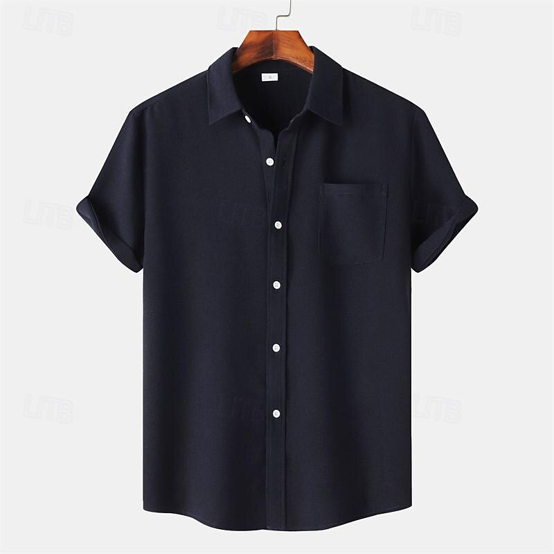 Men's Shirt Summer Shirt Casual Shirt Beach Shirt Button Up Shirt White Light Green Navy Blue Blue Purple Short Sleeve Plain Lapel Vacation Hawaiian Pocket Clothing Apparel Polyester Fashion Casual2