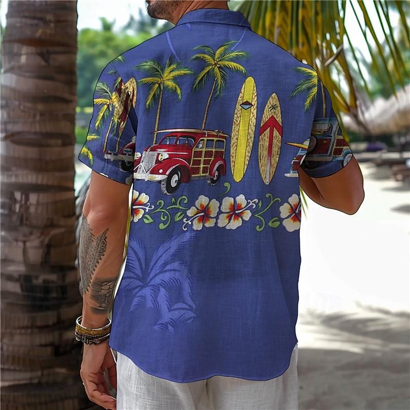 Men's Palm Tree Bus Shirt Summer Hawaiian Shirt Aloha Shirt Short Sleeve Shirt Turndown Vacation Hawaiian Resort Style Outdoor Vacation Beach Blue Green S M L2
