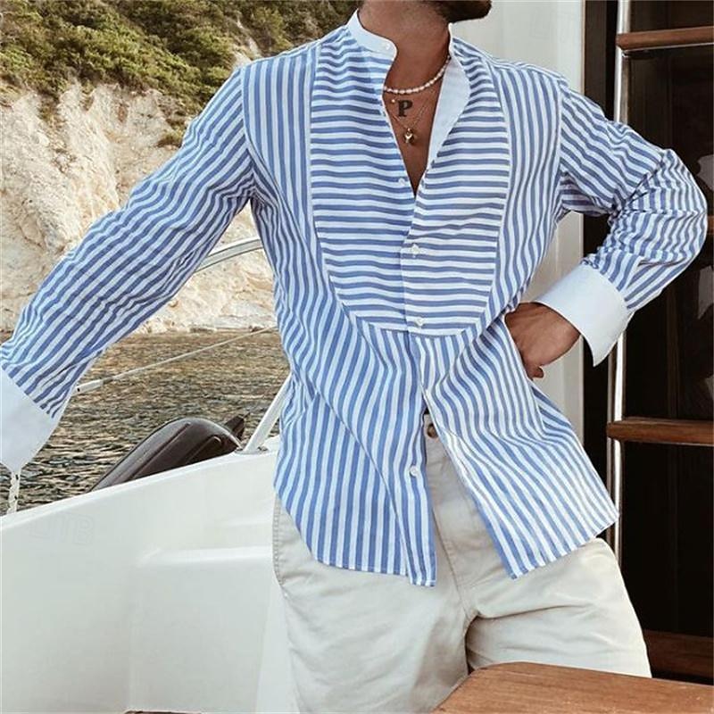 Men's Shirt Summer Shirt Casual Shirt Beach Shirt Button Up Shirt Henley Shirt Blue Long Sleeve Striped Grandad Collar Henley Vacation Holiday Button-Down Clothing Apparel Polyester Fashion Casual