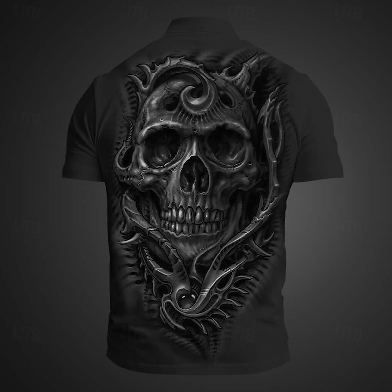Day of the Dead Men's Skull Polo Shirts Short Sleeve Polo Shirts Collared Shirts Casual Horror Streetwear Festival Wear Party Outfits 3D Print Buttons Summer Spring Fall Black White Brown4