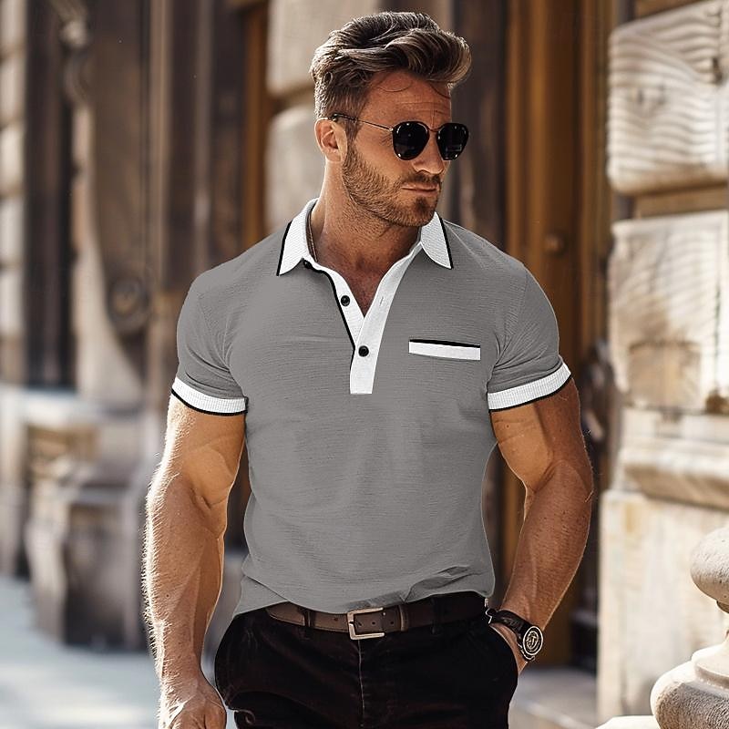 Men's Polo Shirt Golf Shirt Casual Holiday Lapel Short Sleeve Fashion Basic Color Block Patchwork Pocket Summer Regular Fit White Navy Blue Gray Polo Shirt4