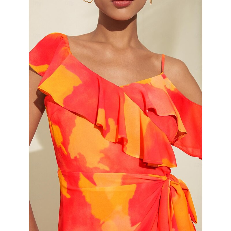 Women's Peplum Dresses Wedding Guest Midi Dress Purple Orange Short Sleeve Blooming Ruffle Front Tie Spring & Summer Asymmetrical Romantic S M L3