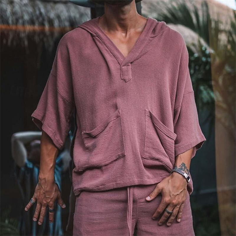 Men's Linen Set T-shirt Suits 2 Pieces Outfits Short Sleeve Hooded Summer Plain Fashion Casual 2 Piece Front Pocket Vacation Daily Wear Going out Light Pink Black White Top Tee for Men