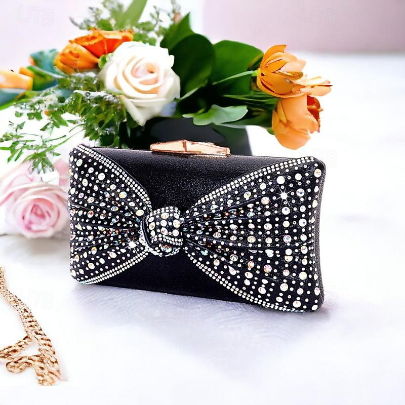 Women's Rhinestone Embellished Mules with Matching Clutch Bag – Elegant Black High Heel Shoes and Bow Detail for Weddings and Special Occasions2