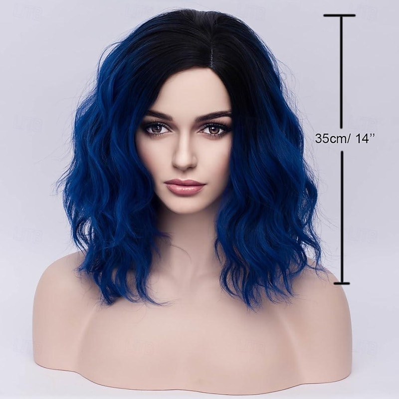 Black and Blue Wigs for Women Girls Short Curly Bob Wavy Hair Ombre Dark Blue Heat Resistant Synthetic Cosplay Daily Party Halloween Wigs3