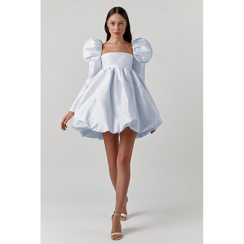 Vintage 1950s Mini Dress Little White Dress Bridal Bishop Sleeves Solid Colored A-Line Square Neck Fancy Dress Women's Masquerade Wedding Bridal Shower Bachelorette Party Adults' Dress Homecoming