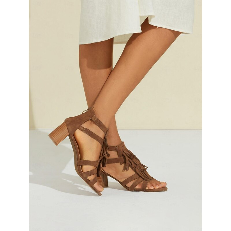 Women's Brown Suede Tassel Ankle Strap Block Heel Sandals | Boho Chic Summer Footwear3