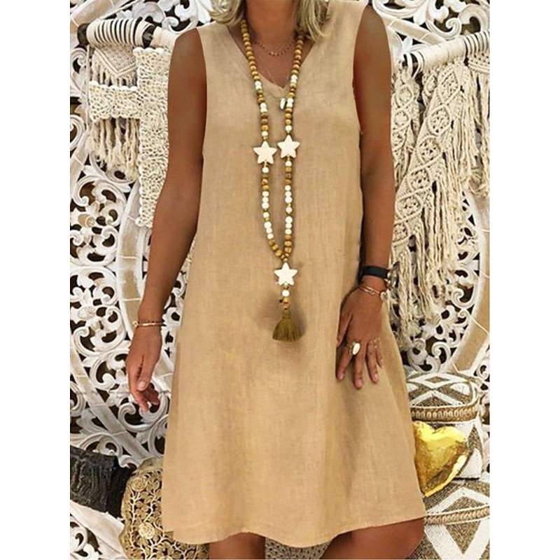 Women's Black Yellow Wine Summer Spring Mini Dress Cotton Linen Dresses Sundress Casual Vacation Daily Beach Regular Fit Plain V Neck