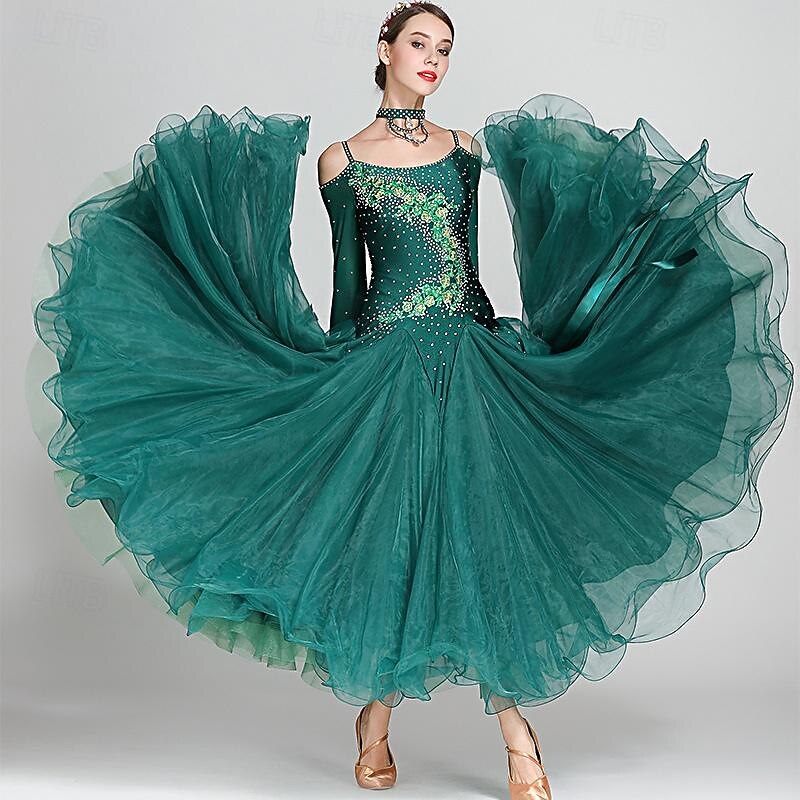 Ballroom Dance Dress Rhinestone Tulle Women's Performance Long Sleeve Polyester3