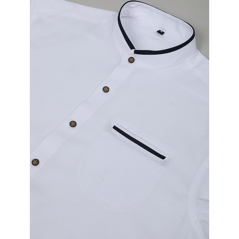 Men's Shirt Band Collar Shirt Dress Shirt Oxford Shirt Button Up Shirt Wedding Vacation White Navy Blue Gray Light Blue Long Sleeve Standing Collar Spring & Summer Clothing Apparel Front Pocket3