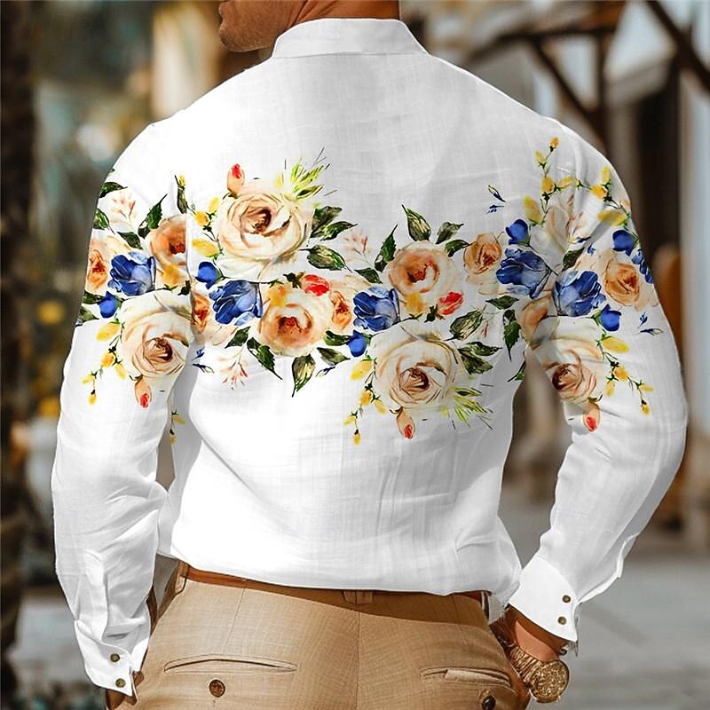 Men's Floral Button Up Shirt Printed Shirts Long Sleeve Hawaiian Resort Outdoor Holiday Daily Wear Spring & Summer Standing Collar Print Button-Down Black White2
