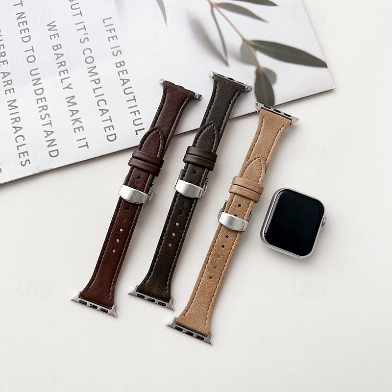 Leather Band Compatible with Apple Watch band 38mm 40mm 41mm 42mm 44mm 45mm 49mm Rugged Metal Clasp Adjustable Genuine Leather Strap Replacement Wristband for iwatch Ultra 2 Series 9 8 7 SE 6 5 4 3 2