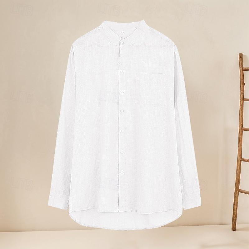 Men's Shirt Linen Shirt Cotton Linen Shirt White Cotton Shirt Chinese Collar Shirt Mandarin Collar Shirt Plain Vacation Hawaiian Black White Blue Brown Long Sleeve Band Collar Spring &  Fall Clothing2