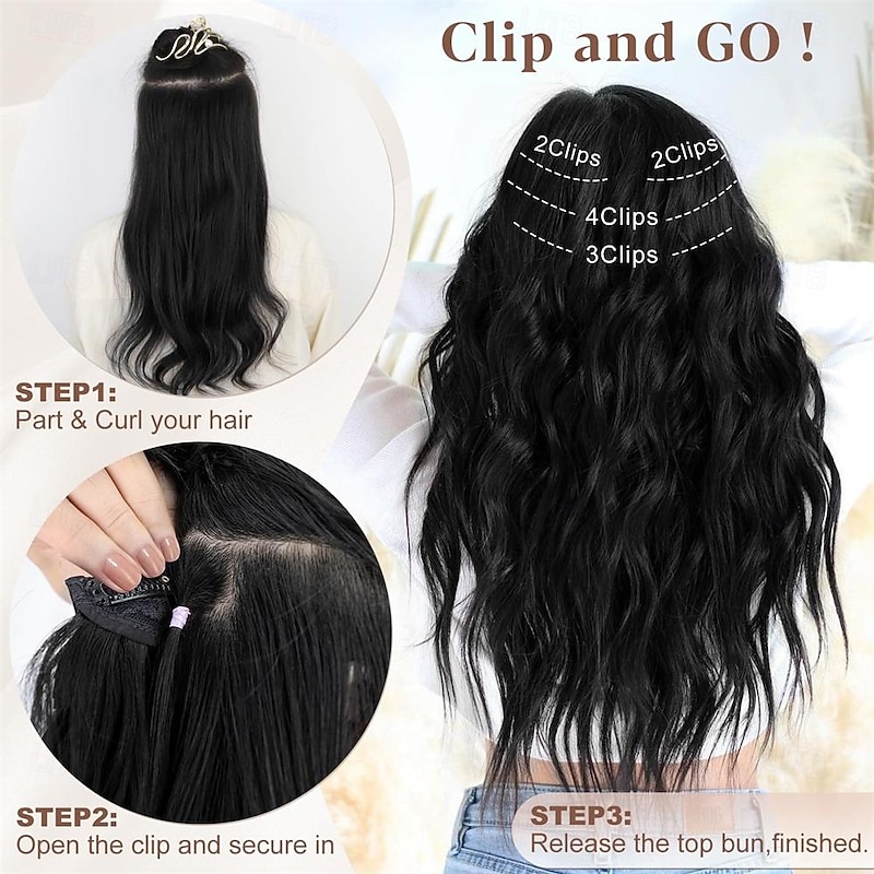 Clip in Long Wavy Synthetic Hair Extension 24 Inch Black 4PCS Thick Hairpieces Fiber Double Weft Hair for Women4