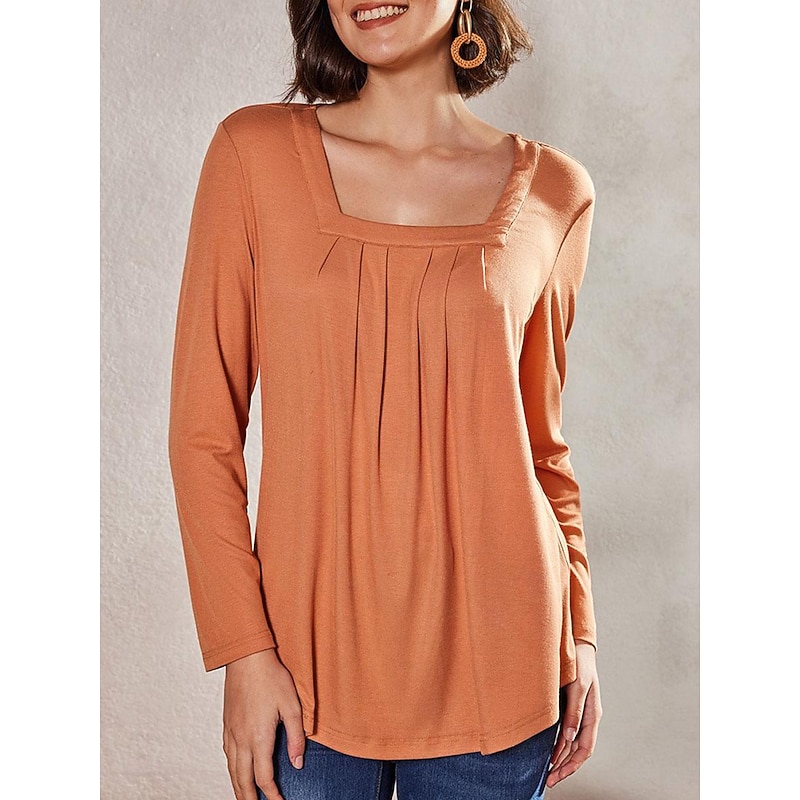 Women's T Shirt Burgundy Tee Dressy Tops Plain Daily Basic Beach Long Sleeve Square Neck Regular Tops Casual White long sleeve Blue long sleeve Black long sleeve Wine red long sleeves Pink Fall