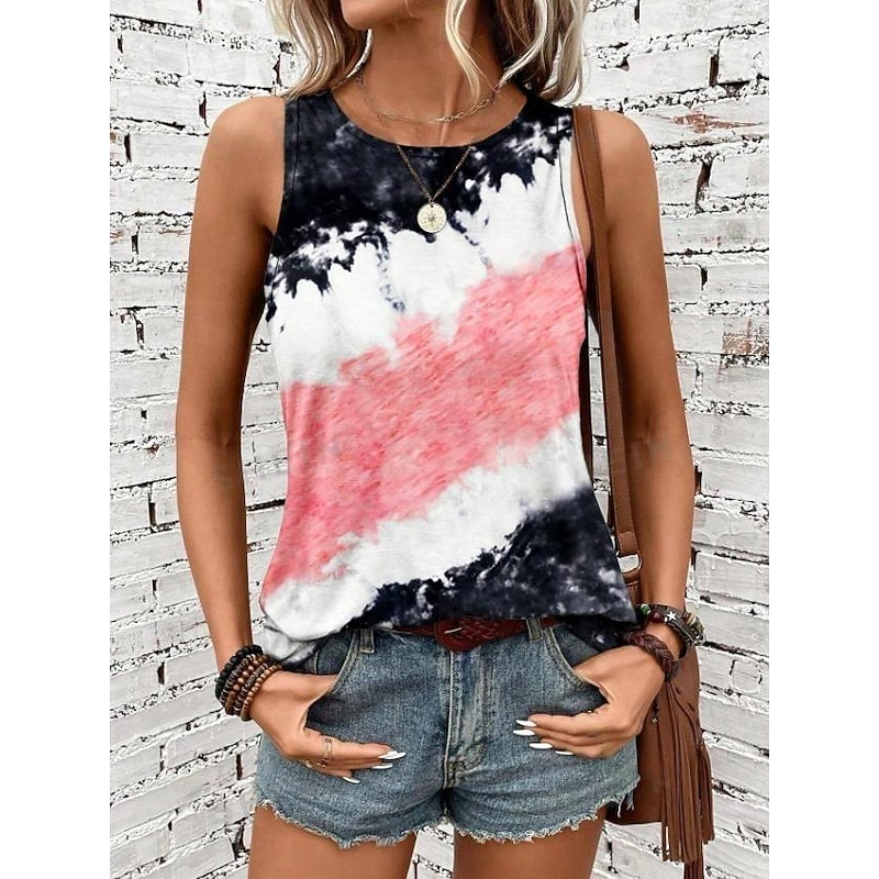 Women's Camisole Tank Top Tie Dye Vest Black Sleeveless Crew Neck Casual Vacation Stylish Summer2
