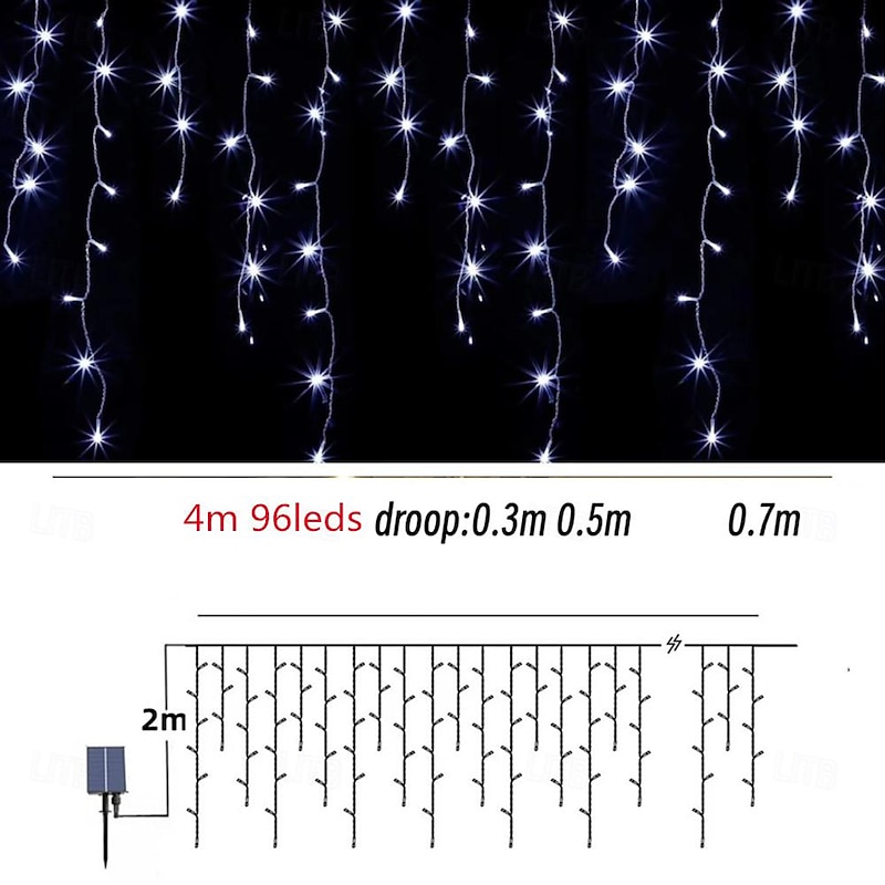 4M 13ft LED Solar Icicle String Lights Waterproof Wedding Decoration Curtain String Lights for Bedroom Patio Yard Garden Wedding Party4